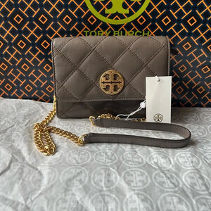 Tory Burch Willa Chain Wallet Crossbody Bag Volcanic Stone Gold Gray